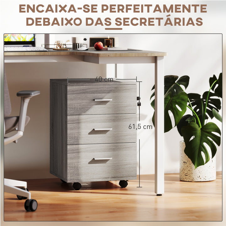 Bloco de Gavetas com 3 Gavetas Bloco de Gavetas de Escritório com Rodas Fechadura 2 Chaves Arquivador Móvel para Estudo Sala 40x40x61,5 cm Cinzento