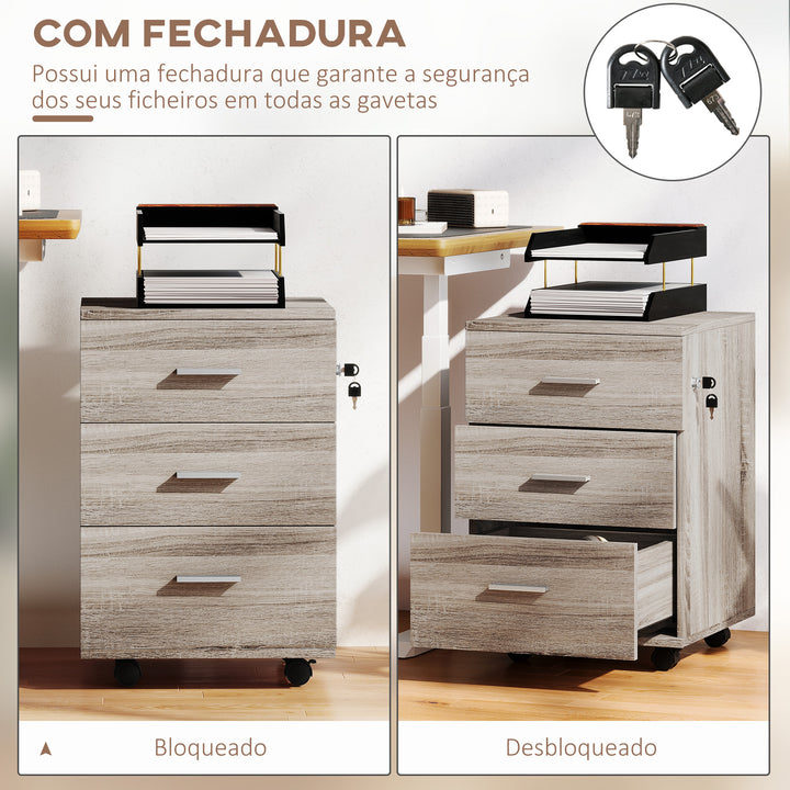 Bloco de Gavetas com 3 Gavetas Bloco de Gavetas de Escritório com Rodas Fechadura 2 Chaves Arquivador Móvel para Estudo Sala 40x40x61,5 cm Cinzento
