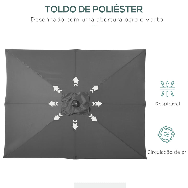 Chapéu de Sol com Luzes LED 268x205x248 cm Chapéu de Sol de Jardim Inclinável até 45° Anti-UV e Abertura a Manivela para Pátio Varanda Cinza Escuro