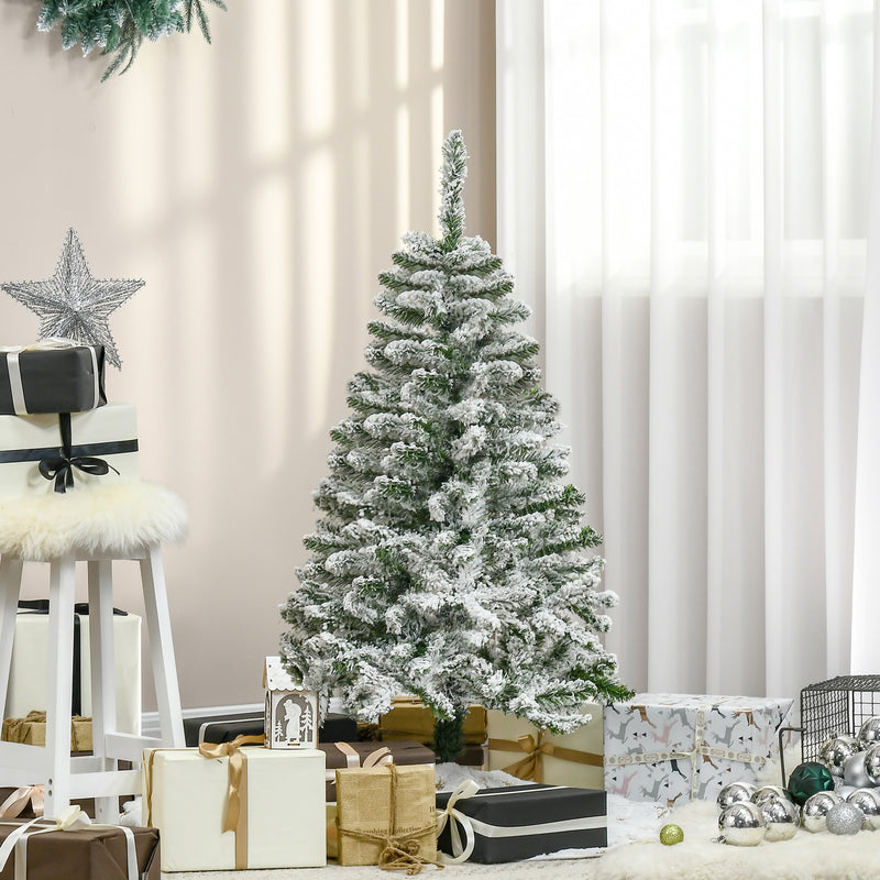 Árvore de Natal Artificial 120cm com Neve Ignífugo com 200 Ramos Folhas de PVC Base Dobrável e Suporte Metálico Decoração de Natal para Interiores Verde