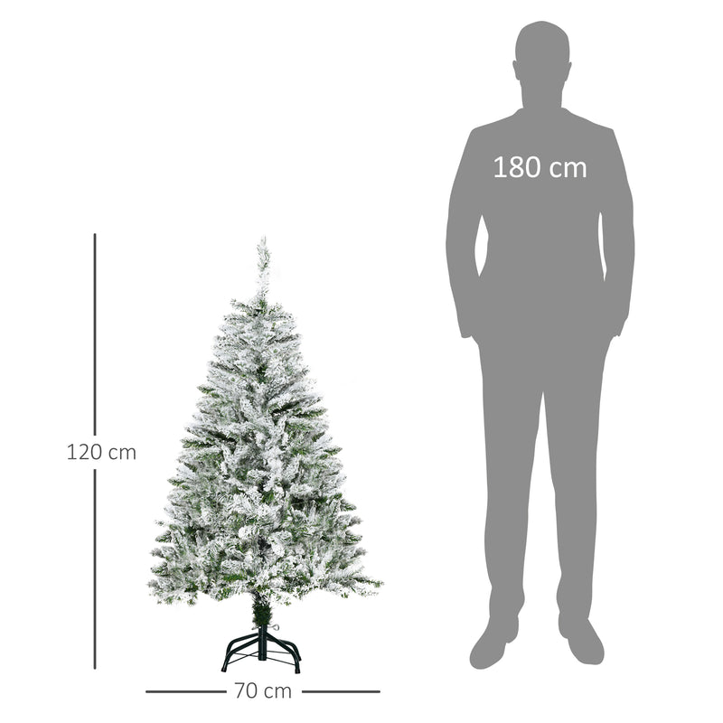 Árvore de Natal Artificial 120cm com Neve Ignífugo com 200 Ramos Folhas de PVC Base Dobrável e Suporte Metálico Decoração de Natal para Interiores Verde