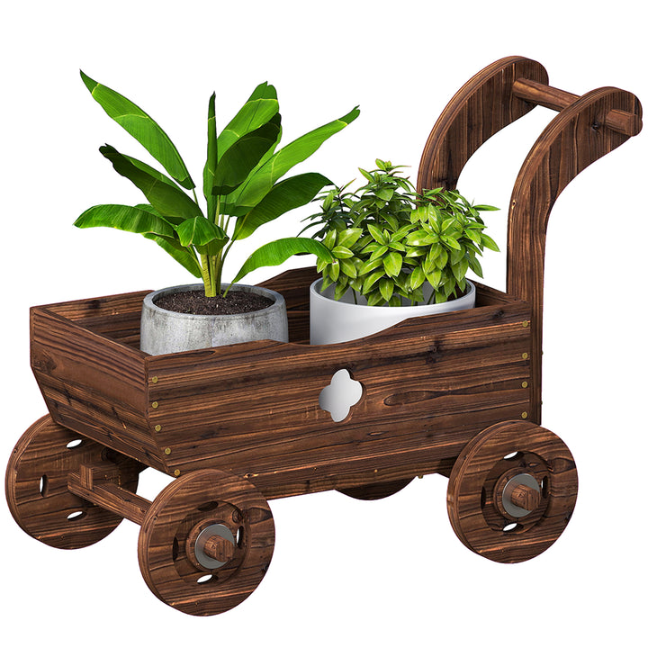Carrinho de Madeira Decorativo Vaso Elevado com 4 Rodas Pega Orifícios de Drenagem Vaso Exterior para Plantas e Flores 68x38x52 cm Carbonizado
