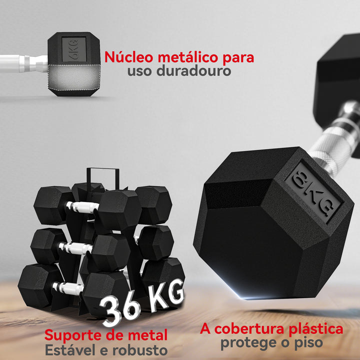 Conjunto de Halteres de 6 Peças 36 kg Halteres Hexagonais 2x4kg 2x6kg 2x8kg com Suporte de Armazenamento e Punho Antiderrapante para Treino em Casa ou Ginásio Preto