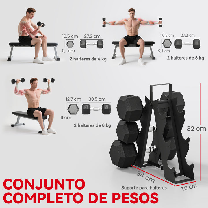 Conjunto de Halteres de 6 Peças 36 kg Halteres Hexagonais 2x4kg 2x6kg 2x8kg com Suporte de Armazenamento e Punho Antiderrapante para Treino em Casa ou Ginásio Preto