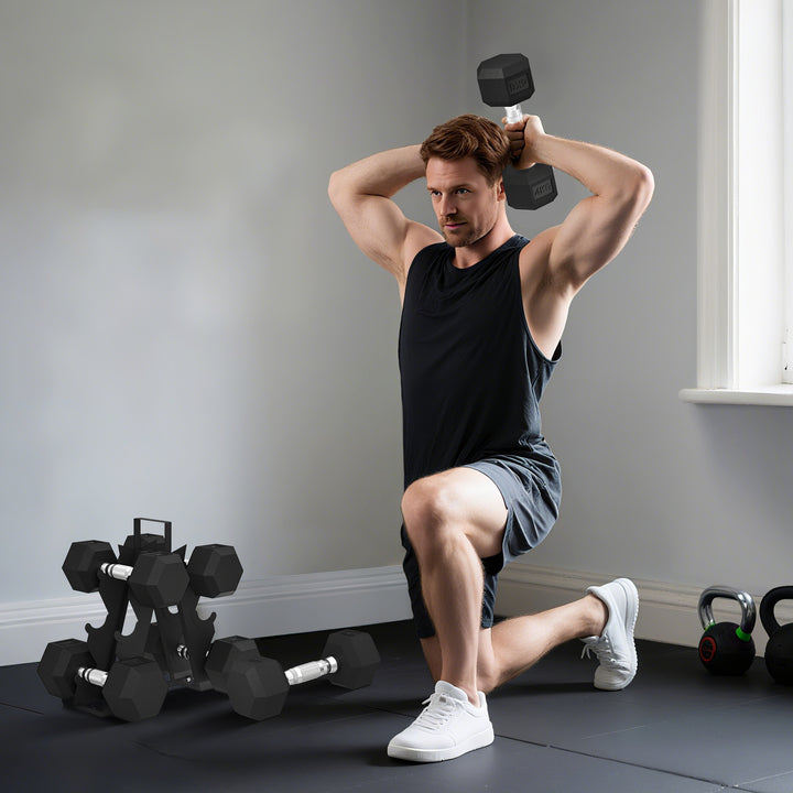 Conjunto de Halteres de 6 Peças 36 kg Halteres Hexagonais 2x4kg 2x6kg 2x8kg com Suporte de Armazenamento e Punho Antiderrapante para Treino em Casa ou Ginásio Preto