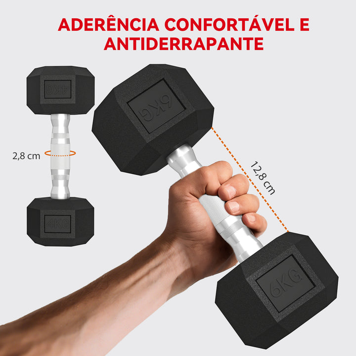 Conjunto de Halteres de 6 Peças 36 kg Halteres Hexagonais 2x4kg 2x6kg 2x8kg com Suporte de Armazenamento e Punho Antiderrapante para Treino em Casa ou Ginásio Preto