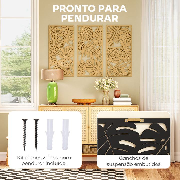 Decoração de Parede de Madeira 3D 3 Peças 40x80 cm Adornos de Parede com Padrão de Folhas Tropicais Arte Moderna para Sala Quarto Corredor Madeira Natural