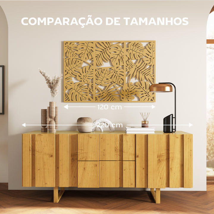 Decoração de Parede de Madeira 3D 3 Peças 40x80 cm Adornos de Parede com Padrão de Folhas Tropicais Arte Moderna para Sala Quarto Corredor Madeira Natural