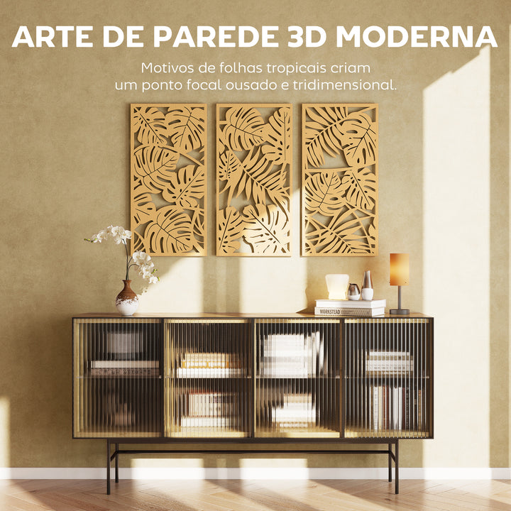 Decoração de Parede de Madeira 3D 3 Peças 40x80 cm Adornos de Parede com Padrão de Folhas Tropicais Arte Moderna para Sala Quarto Corredor Madeira Natural