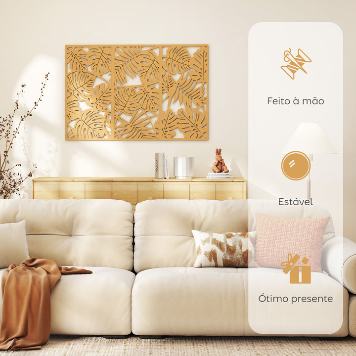 Decoração de Parede de Madeira 3D 3 Peças 40x80 cm Adornos de Parede com Padrão de Folhas Tropicais Arte Moderna para Sala Quarto Corredor Madeira Natural
