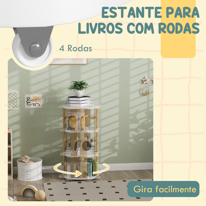 Estante para Livros Infantil Estante para Crianças com Rodas 3 Prateleiras para Escola Infantil Dormitório Infantil 48x48x99,5 cm Branco e Madeira