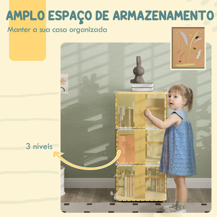 Estante para Livros Infantil Estante para Crianças com Rodas 3 Prateleiras para Escola Infantil Dormitório Infantil 48x48x99,5 cm Branco e Madeira