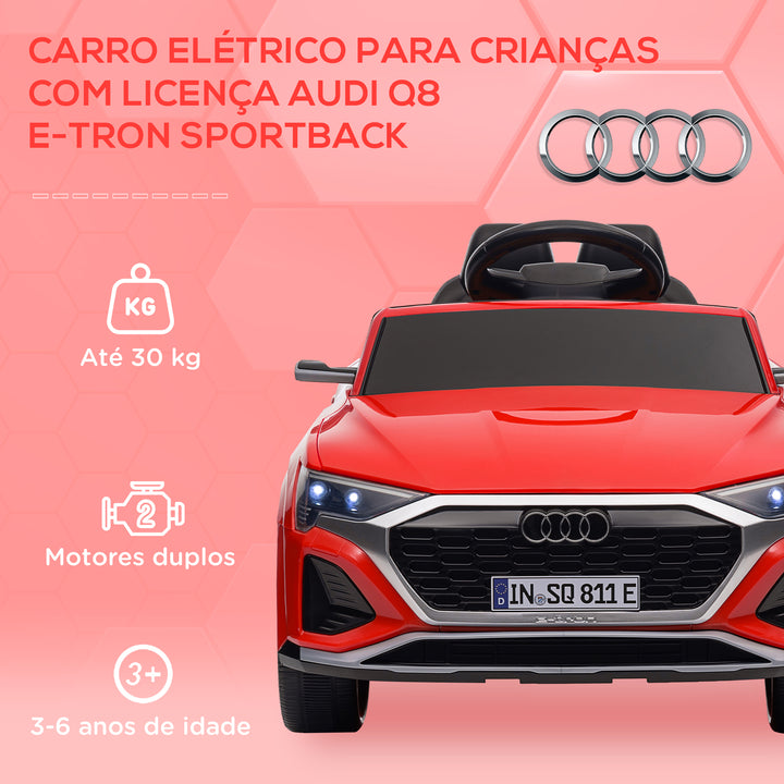 Carro Elétrico para Crianças acima de 3 Anos Carro Audi Q8 Etron Sportback Infantil com Bateria 12V Controlo Remoto Faróis Buzina e Música 98x49,5x43 cm Vermelho