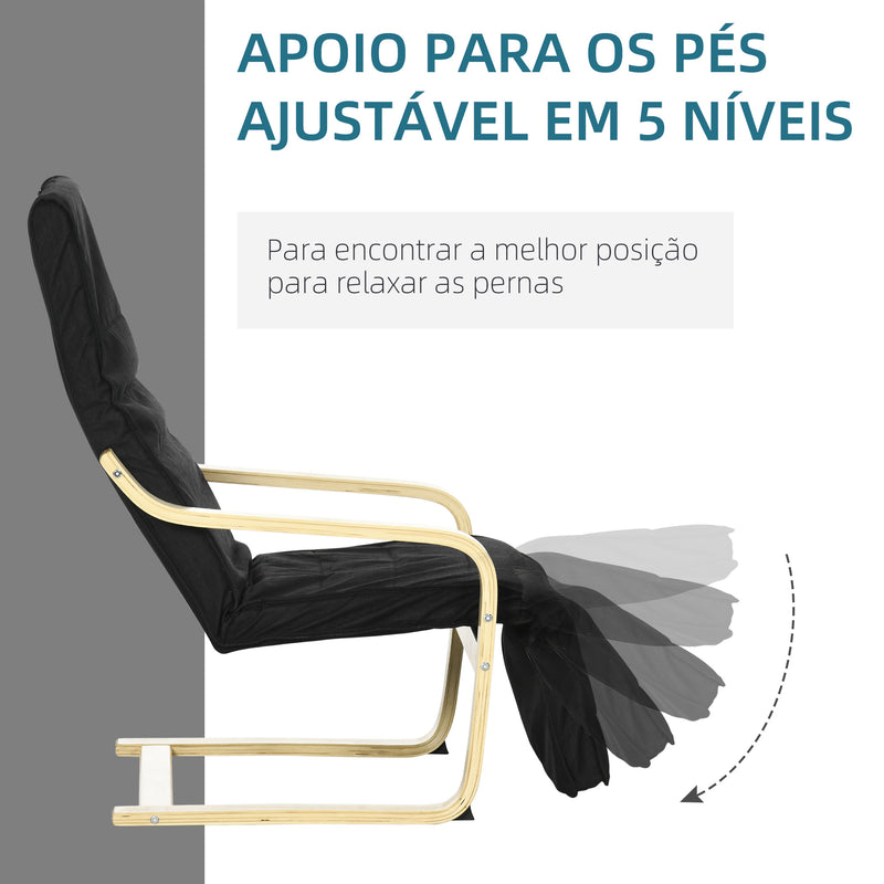 Poltrona de Sala de Estar com Apoio para os Pés Ajustáveis Poltrona para Dormitório Estofada em Tecido com Estrutura de Madeira Carga 120 kg para Escritório Estúdio 66,5x94x100 cm Preto