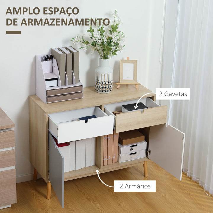 Aparador Auxiliar Móvel de Armazenamento com 2 Armários Fechados e 2 Gavetas Pés Elevados de Madeira de Pinho para Cozinha Dormitório Entrada 100x40x79,5cm Branco Cinza Madeira
