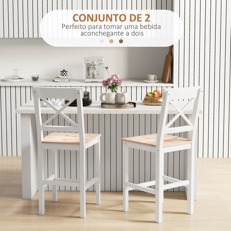 Conjunto de 2 Bancos de Bar de Madeira Bancos Altos de Cozinha com Encosto e Apoio para os Pés Estilo Rústico para Sala de Jantar 41x46x97.5 cm Natural