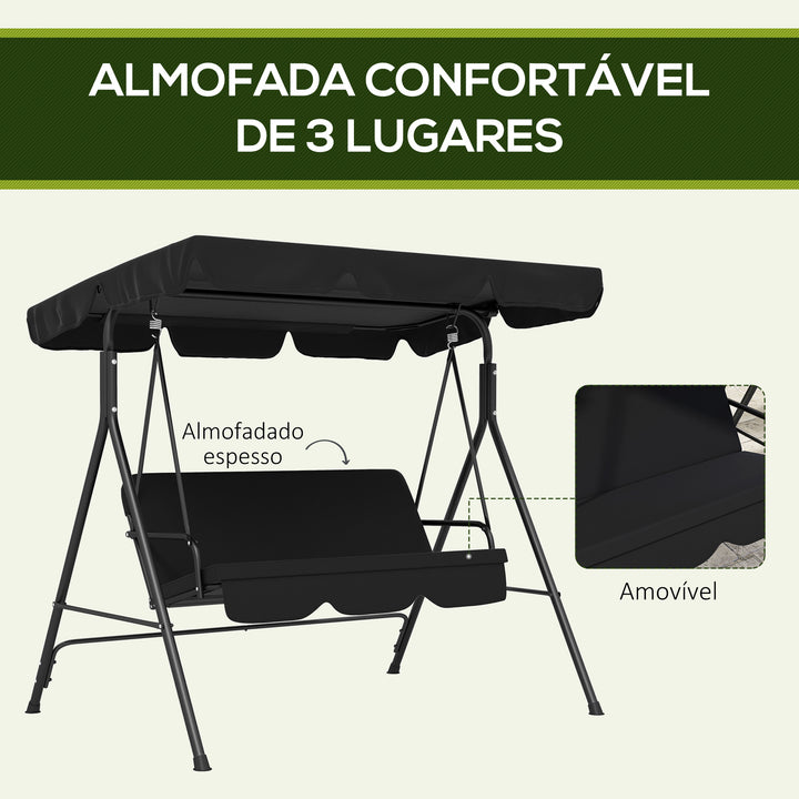 Baloiço de Jardim de 3 Lugares com Almofada Toldo Ajustável e Estrutura de Aço para Balcão Terraço Patio Carga Máx. 200 kg 172x110x153 cm Preto