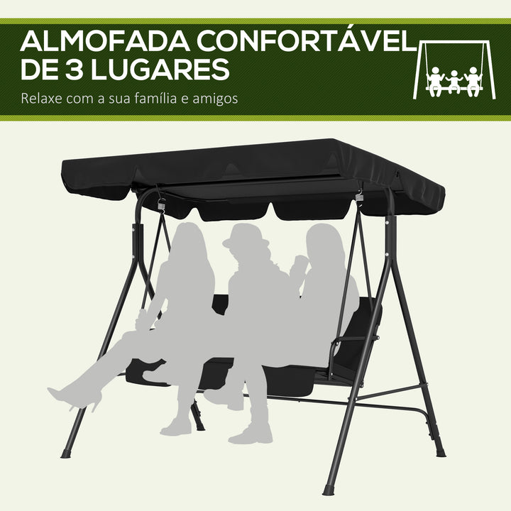 Baloiço de Jardim de 3 Lugares com Almofada Toldo Ajustável e Estrutura de Aço para Balcão Terraço Patio Carga Máx. 200 kg 172x110x153 cm Preto