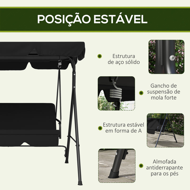Baloiço de Jardim de 3 Lugares com Almofada Toldo Ajustável e Estrutura de Aço para Balcão Terraço Patio Carga Máx. 200 kg 172x110x153 cm Preto