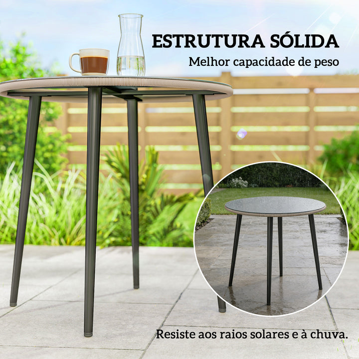 Mesa de Jantar de Jardim Redonda com Tampo de Vidro Temperado e Borda em Vime Estrutura de Aço 80x80x74 cm Carga 50 kg para Pátio Varanda Cinzento