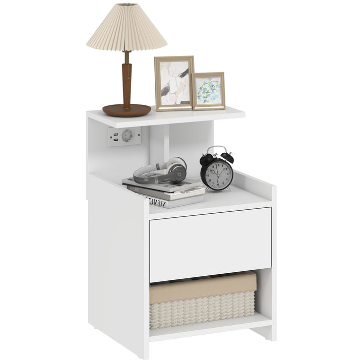Mesa de Cabeceira com Estação de Carregamento Mesa de Cabeceira com Portos USB Gaveta e Prateleiras Abertas para Sala Estudio 40x40x60 cm Branco
