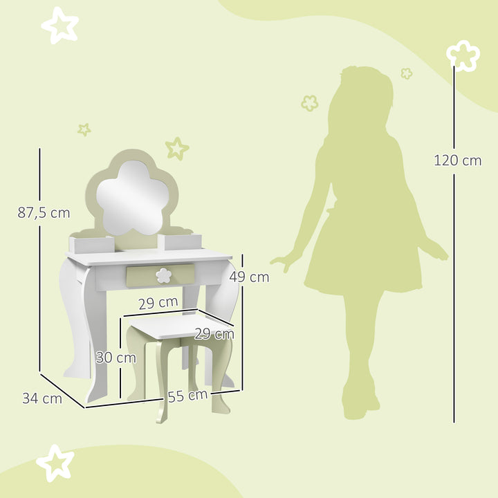 Toucador para Crianças com Espelho e Banco Toucador de Maquilhagem para Crianças de 3-6 Anos com 2 Compartimentos e Gaveta 55x34x87,5 cm Branco e Verde Pastel