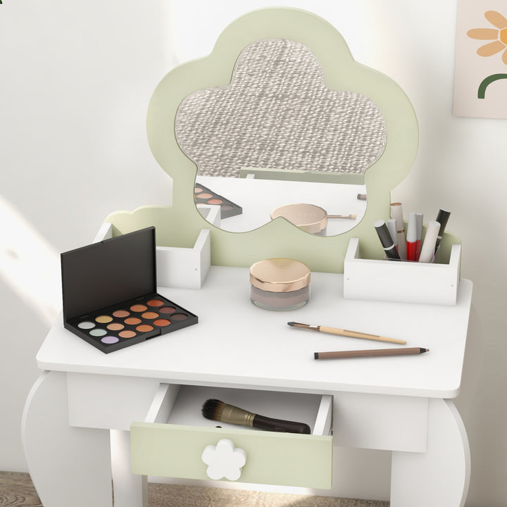 Toucador para Crianças com Espelho e Banco Toucador de Maquilhagem para Crianças de 3-6 Anos com 2 Compartimentos e Gaveta 55x34x87,5 cm Branco e Verde Pastel