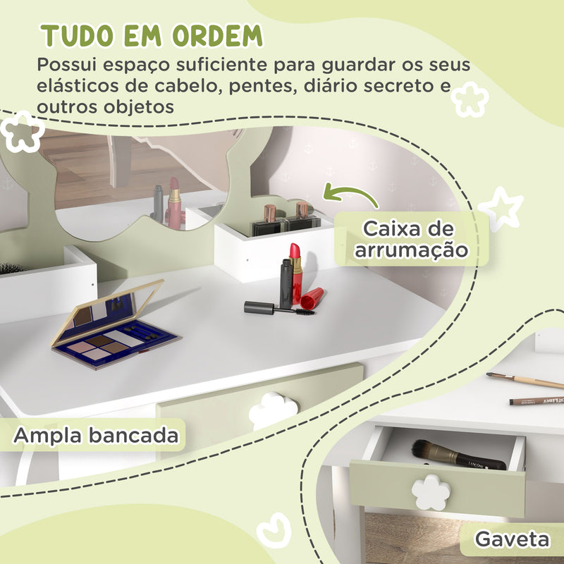 Toucador para Crianças com Espelho e Banco Toucador de Maquilhagem para Crianças de 3-6 Anos com 2 Compartimentos e Gaveta 55x34x87,5 cm Branco e Verde Pastel