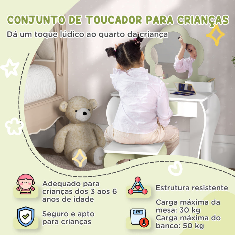 Toucador para Crianças com Espelho e Banco Toucador de Maquilhagem para Crianças de 3-6 Anos com 2 Compartimentos e Gaveta 55x34x87,5 cm Branco e Verde Pastel