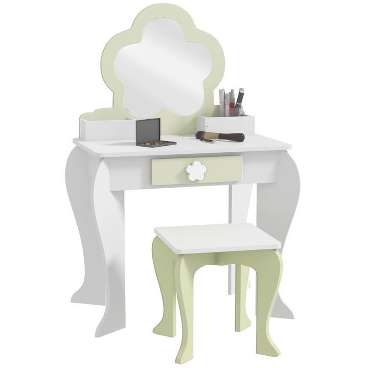 Toucador para Crianças com Espelho e Banco Toucador de Maquilhagem para Crianças de 3-6 Anos com 2 Compartimentos e Gaveta 55x34x87,5 cm Branco e Verde Pastel