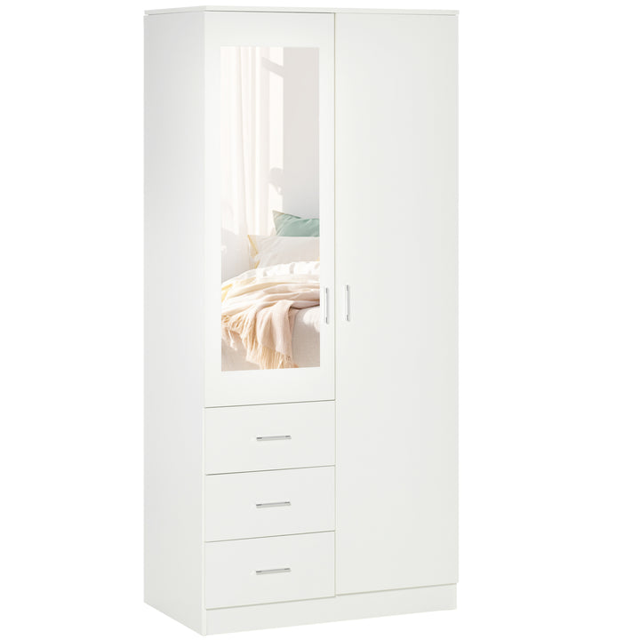 Armário Roupeiro de 2 Portas com Espelho 3 Gavetas Prateleiras Ajustáveis e Barra para Pendurar Incluida Roupeiro para Dormitório 80x50x180cm Branco