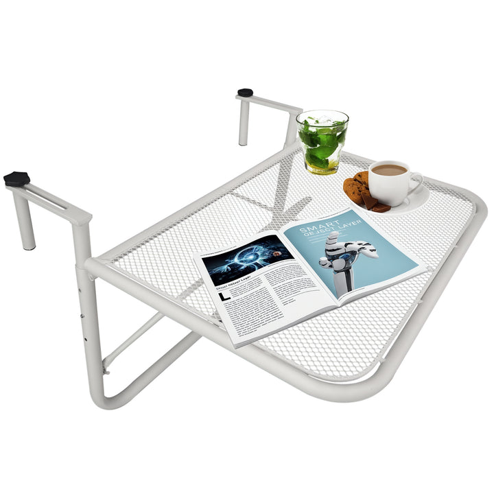 Mesa Suspensa para Varanda com Braço Regulável e Altura Ajustável em 3 Posições Estrutura de Metal Carga Máxima 30 kg 60x56,5x45 cm Branco