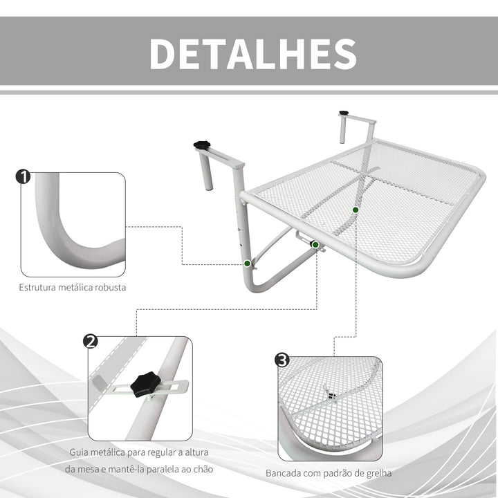Mesa Suspensa para Varanda com Braço Regulável e Altura Ajustável em 3 Posições Estrutura de Metal Carga Máxima 30 kg 60x56,5x45 cm Branco