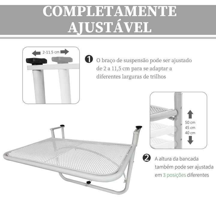 Mesa Suspensa para Varanda com Braço Regulável e Altura Ajustável em 3 Posições Estrutura de Metal Carga Máxima 30 kg 60x56,5x45 cm Branco