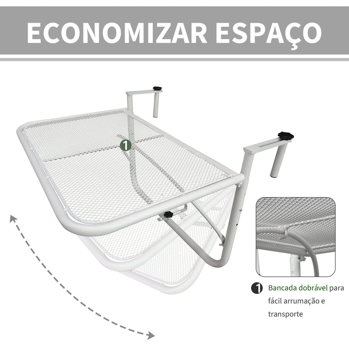 Mesa Suspensa para Varanda com Braço Regulável e Altura Ajustável em 3 Posições Estrutura de Metal Carga Máxima 30 kg 60x56,5x45 cm Branco