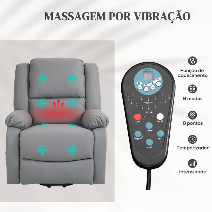 Poltrona Relax Levanta Pessoas Elétrica Poltrona com 8 Pontos de Massagem Poltrona Elétrica Reclinável com Função de Aquecimento 2 Controlos Remotos e Bolso Lateral Cinza