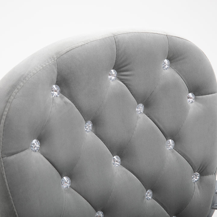 Cadeira de Escritório Estofada em Veludo Cadeira Giratória com Altura Ajustável Apoio para os Braços e Decorações de Cristal Carga 120 kg Cadeira para Estudio Dormitório 59,5x60,5x95-105 cm Cinzenta