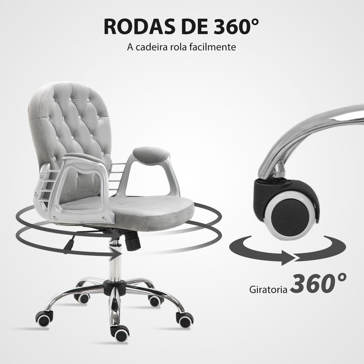Cadeira de Escritório Estofada em Veludo Cadeira Giratória com Altura Ajustável Apoio para os Braços e Decorações de Cristal Carga 120 kg Cadeira para Estudio Dormitório 59,5x60,5x95-105 cm Cinzenta