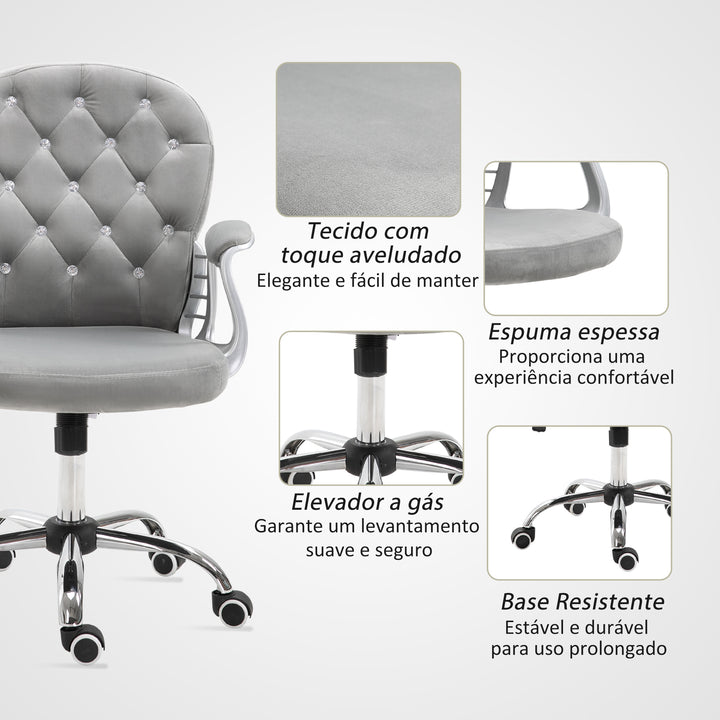 Cadeira de Escritório Estofada em Veludo Cadeira Giratória com Altura Ajustável Apoio para os Braços e Decorações de Cristal Carga 120 kg Cadeira para Estudio Dormitório 59,5x60,5x95-105 cm Cinzenta