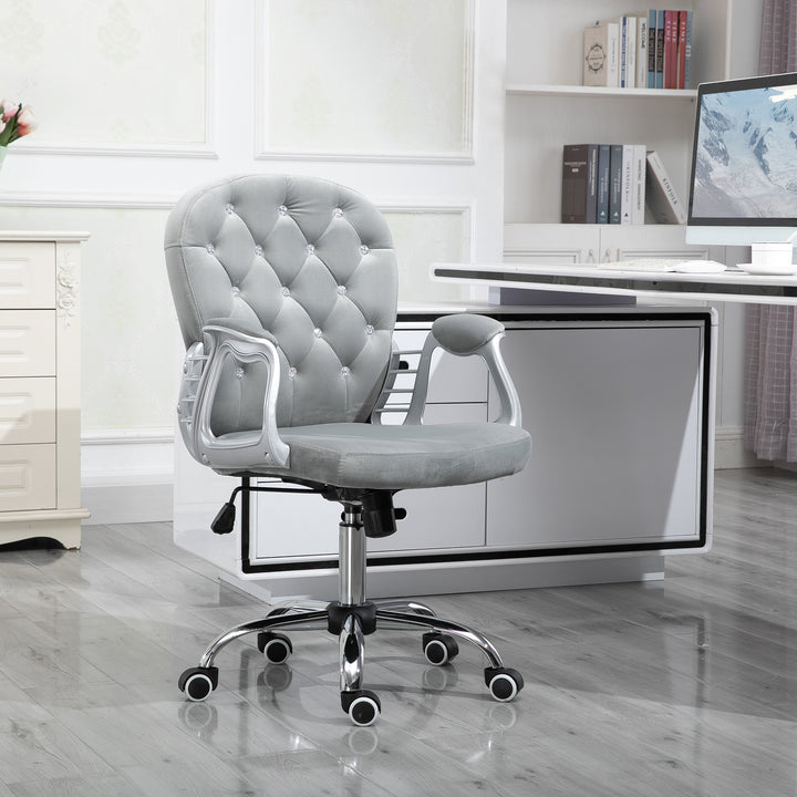 Cadeira de Escritório Estofada em Veludo Cadeira Giratória com Altura Ajustável Apoio para os Braços e Decorações de Cristal Carga 120 kg Cadeira para Estudio Dormitório 59,5x60,5x95-105 cm Cinzenta