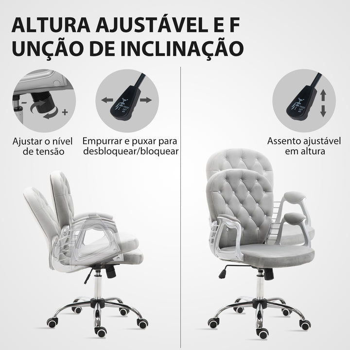 Cadeira de Escritório Estofada em Veludo Cadeira Giratória com Altura Ajustável Apoio para os Braços e Decorações de Cristal Carga 120 kg Cadeira para Estudio Dormitório 59,5x60,5x95-105 cm Cinzenta
