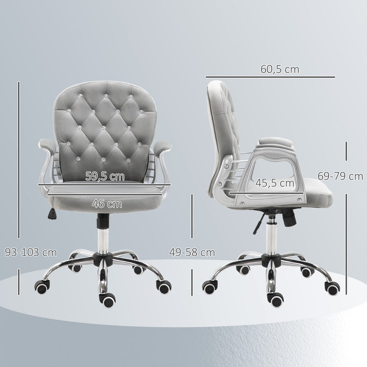 Cadeira de Escritório Estofada em Veludo Cadeira Giratória com Altura Ajustável Apoio para os Braços e Decorações de Cristal Carga 120 kg Cadeira para Estudio Dormitório 59,5x60,5x95-105 cm Cinzenta