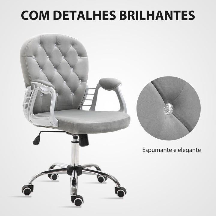 Cadeira de Escritório Estofada em Veludo Cadeira Giratória com Altura Ajustável Apoio para os Braços e Decorações de Cristal Carga 120 kg Cadeira para Estudio Dormitório 59,5x60,5x95-105 cm Cinzenta