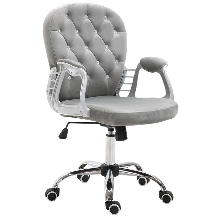 Cadeira de Escritório Estofada em Veludo Cadeira Giratória com Altura Ajustável Apoio para os Braços e Decorações de Cristal Carga 120 kg Cadeira para Estudio Dormitório 59,5x60,5x95-105 cm Cinzenta