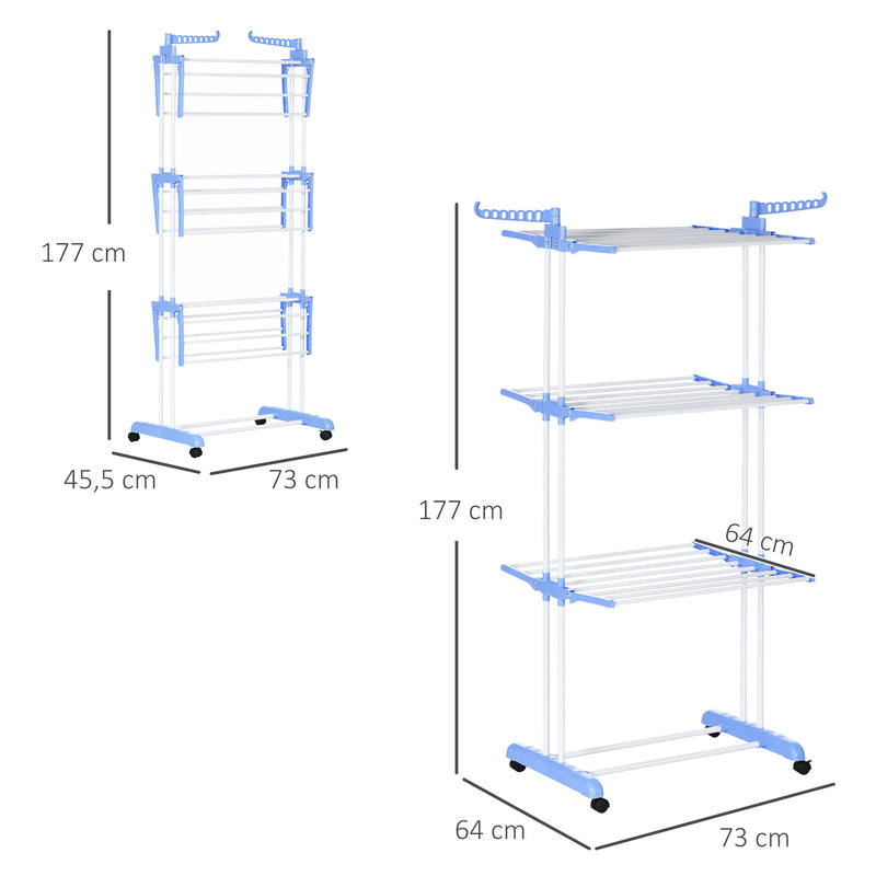 Estendal Dobrável para Roupa com Rodas Estendal Vertical de Aço com 3 Níveis Laterais Dobráveis Carga Máxima 70kg 73x64x177cm Azul e Branco