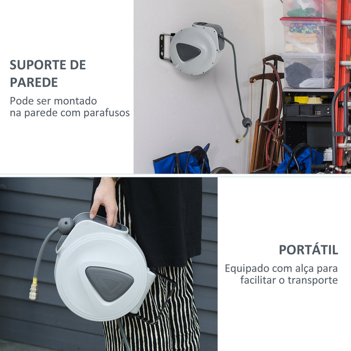 Enrolador de Mangueira de Ar Comprimido Automático de 10 m Conector de 1/4'' BSP com Suporte Giratório de Parede 180° Diâmetro Interno 8x12 mm Cinzento