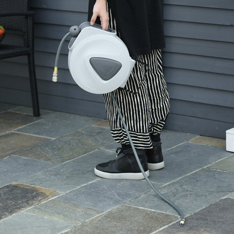 Enrolador de Mangueira de Ar Comprimido Automático de 10 m Conector de 1/4'' BSP com Suporte Giratório de Parede 180° Diâmetro Interno 8x12 mm Cinzento