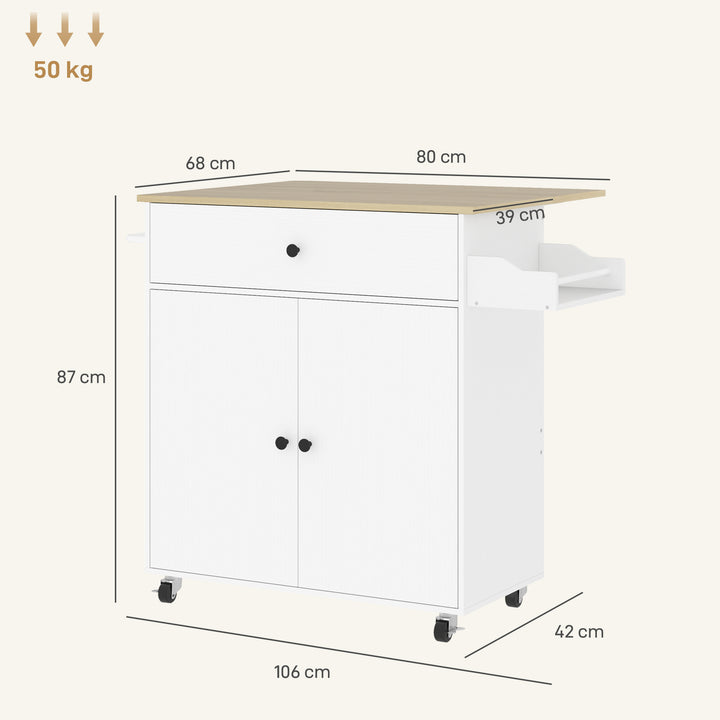 Ilha de Cozinha com Rodas Carrinho de Cozinha com Lateral Dobrável 2 Portas Gaveta Suporte para Temperos e Panos e Prateleira Ajustável 106x42x87 cm Branco e Carvalho