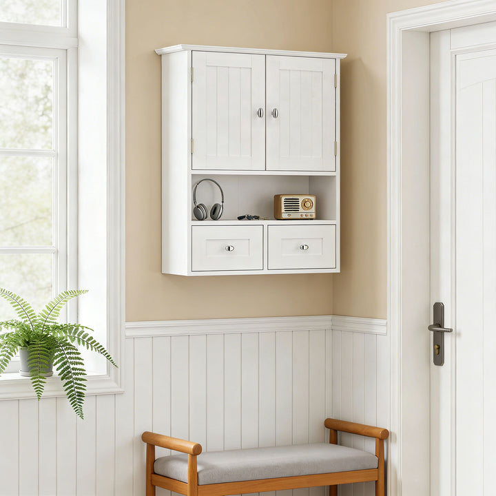 Armário de Parede para Casa de Banho Armário Suspenso de Casa de Banho com 2 Portas Prateleira Aberta e 2 Gavetas Estilo Moderno 50,8x17,8x66 cm Branco