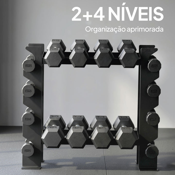 Suporte para Halteres de 4 Níveis Estante de Armazenamento de Pesos em Aço Resistente para Halteres Kettlebells para Treino em Ginásio Casa Carga 200 kg 70x21x55 cm Preto